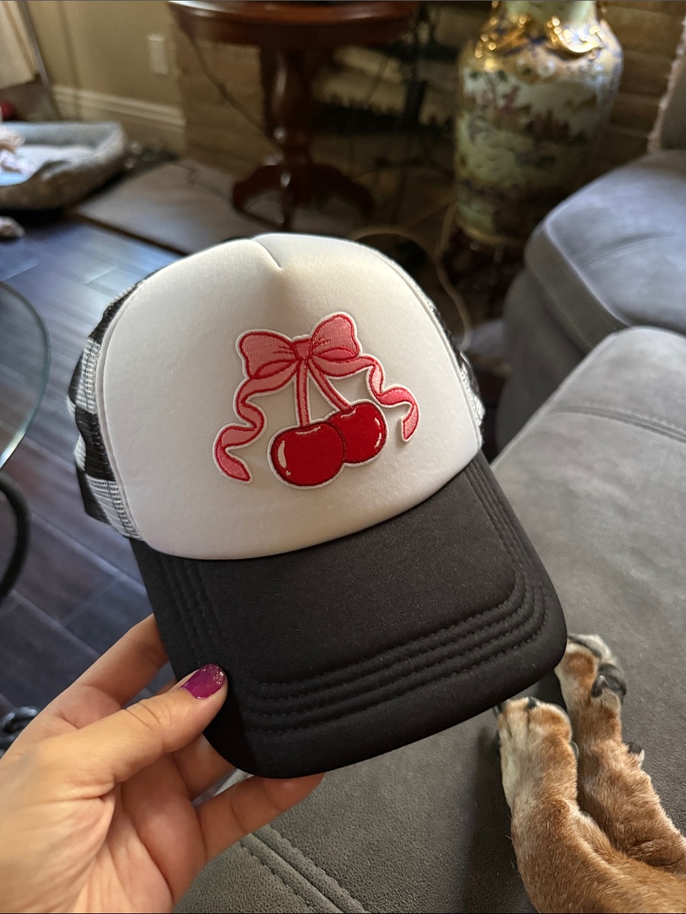 Black & White Trucker Hat with Pink Cherry Patch unisex SnapBack fit kids /adult
